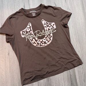 True Religion Chocolate Tee with Pink Leopard Graphic